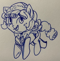 Size: 2400x2445 | Tagged: safe, artist:rainbow eevee, cozy glow, pony, g4, beanie, clothes, collar, cozybetes, cute, everest, female, freckles, hat, high res, ink drawing, lineart, paw patrol, solo, traditional art