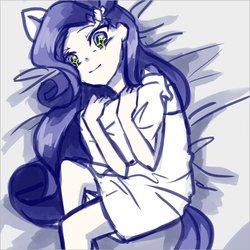 Size: 602x602 | Tagged: safe, artist:dez, rarity, human, g4, bed, female, humanized, looking at you, pillow, pony ears, solo