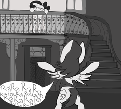 Size: 1000x900 | Tagged: artist needed, source needed, safe, rainbow dash, rarity, pony, g4, a streetcar named desire, balcony, bipedal, grayscale, monochrome, rarara, rarity is not amused, stairs, unamused