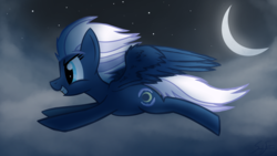 Size: 3840x2160 | Tagged: safe, artist:sandyfortune, night glider, pegasus, pony, g4, cloud, female, flying, high res, mare, moon, night, sky, starry night
