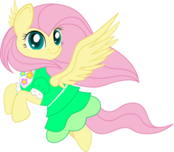 Size: 1550x1350 | Tagged: safe, artist:spellboundcanvas, fluttershy, pegasus, pony, g4, clothes, dress, female, flower, flying, simple background, solo, transparent background, vector, wings