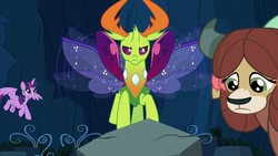 Size: 1280x720 | Tagged: safe, screencap, ocellus, thorax, twilight sparkle, yona, alicorn, changedling, changeling, pony, yak, g4, uprooted, angry, cave of harmony, changeling king, disguise, disguised changeling, female, flying, king thorax, looking down, male, mare, monkey swings, pathetic, rockellus, spread wings, thorax is not amused, twilight sparkle (alicorn), wings