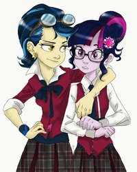 Size: 771x965 | Tagged: safe, artist:twifanclub, indigo zap, sci-twi, twilight sparkle, equestria girls, g4, my little pony equestria girls: friendship games, arm around neck, better source needed, clothes, crystal prep academy uniform, duo, duo female, ear piercing, earring, female, glasses, goggles, jewelry, piercing, school uniform, side hug, simple background