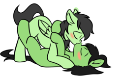Size: 1060x667 | Tagged: safe, artist:neuro, artist:php188, oc, oc only, oc:filly anon, earth pony, pegasus, pony, blushing, cuddling, duo, eyes closed, female, filly, hug, kiss on the lips, kissing, lesbian, lying down, making out, on back, on top, simple background, transparent background