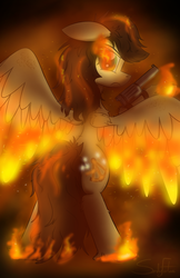 Size: 825x1275 | Tagged: safe, artist:sandyfortune, oc, oc only, oc:sandy fortune, pegasus, pony, ponyfinder, dungeons and dragons, female, fire, gun, mare, pen and paper rpg, rpg, solo, weapon