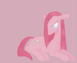 Size: 500x407 | Tagged: safe, artist:eyefocusing, pinkie pie, earth pony, pony, g4, angry, female, floppy ears, mare, no pupils, pink background, pinkamena diane pie, prone, simple background, solo