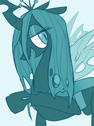 Size: 700x932 | Tagged: safe, artist:eyefocusing, queen chrysalis, changeling, changeling queen, g4, crown, female, floppy ears, jewelry, lidded eyes, looking back, open mouth, profile, raised hoof, regalia, simple background, solo, spread wings, white background, wings