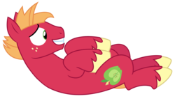 Size: 2556x1481 | Tagged: safe, artist:sketchmcreations, edit, editor:slayerbvc, vector edit, big macintosh, earth pony, pony, g4, where the apple lies, accessory-less edit, male, missing accessory, on back, sheepish grin, simple background, smiling, solo, stallion, teenage big macintosh, teenager, transparent background, vector