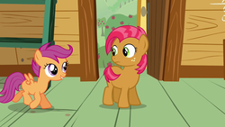 Size: 1280x720 | Tagged: safe, screencap, babs seed, scootaloo, pony, g4, one bad apple, clubhouse, crusaders clubhouse