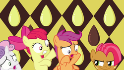 Size: 1280x720 | Tagged: safe, screencap, apple bloom, babs seed, scootaloo, sweetie belle, pony, g4, one bad apple, babs seed song, cutie mark crusaders