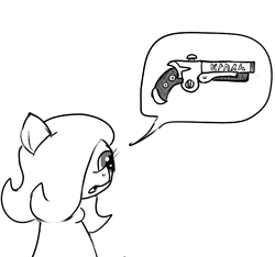 Size: 640x600 | Tagged: safe, artist:ficficponyfic, oc, oc only, oc:emerald jewel, earth pony, pony, colt quest, child, colt, cyoa, femboy, foal, gun, hair over one eye, handgun, male, monochrome, pistol, solo, story included, weapon