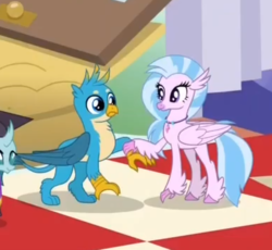 Size: 621x572 | Tagged: safe, screencap, gallus, ocellus, silverstream, classical hippogriff, griffon, hippogriff, g4, uprooted, checkerboard, cropped, dream, duo, duo focus, female, male, raised claw