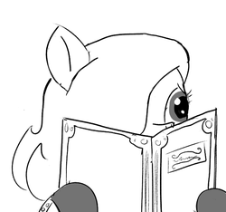 Size: 640x600 | Tagged: safe, artist:ficficponyfic, oc, oc only, oc:emerald jewel, earth pony, pony, colt quest, clothes, colt, cute, cyoa, femboy, foal, hair over one eye, male, menu, monochrome, solo, story included