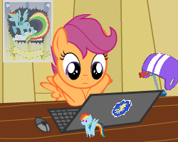 Size: 250x200 | Tagged: safe, artist:omentallic, scootaloo, pegasus, pony, g4, animated, computer, computer mouse, facedesk, female, filly, helmet, laptop computer, mare, poster, scooter, solo