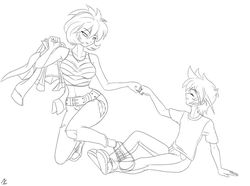 Size: 1024x763 | Tagged: safe, artist:mauroz, princess ember, spike, human, g4, black and white, breasts, busty princess ember, clothes, female, fist bump, grayscale, human spike, humanized, jacket, jeans, lineart, male, monochrome, pants, ripped jeans, tank top