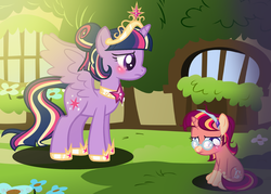 Size: 2269x1629 | Tagged: safe, artist:awoomarblesoda, twilight sparkle, oc, oc:tarot spell, alicorn, pony, unicorn, g4, base used, female, filly, glasses, mother and daughter, offspring, parent:sunburst, parent:twilight sparkle, parents:twiburst, sad, sitting, twilight sparkle (alicorn)