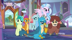 Size: 1920x1080 | Tagged: safe, screencap, gallus, ocellus, sandbar, silverstream, smolder, yona, changedling, changeling, classical hippogriff, dragon, earth pony, griffon, hippogriff, pony, yak, g4, uprooted, bow, cloven hooves, discovery family logo, dragoness, female, hair bow, male, my little pony logo, school of friendship, student six
