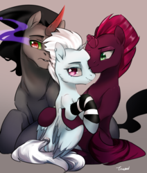 Size: 1240x1461 | Tagged: safe, artist:tingsan, king sombra, tempest shadow, oc, oc:silver, pegasus, pony, g4, antagonist, canon x oc, clothes, cuddling, horn, snuggling, socks, striped socks, wings