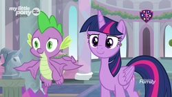 Size: 1920x1080 | Tagged: safe, screencap, spike, twilight sparkle, alicorn, dragon, pony, g4, uprooted, claws, duo, fangs, female, flying, folded wings, male, mare, proud, smiling, spread wings, twilight sparkle (alicorn), winged spike, wings