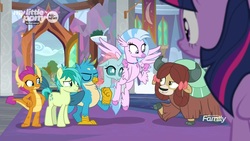Size: 1920x1080 | Tagged: safe, screencap, gallus, ocellus, sandbar, silverstream, smolder, twilight sparkle, yona, alicorn, changedling, changeling, classical hippogriff, dragon, earth pony, griffon, hippogriff, pony, yak, g4, uprooted, bow, claws, cloven hooves, confident, curved horn, dragoness, eyes closed, female, hair bow, horn, male, mare, monkey swings, raised eyebrow, school of friendship, student six, talons, twilight sparkle (alicorn)