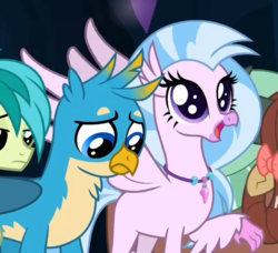 Size: 625x571 | Tagged: safe, screencap, gallus, sandbar, silverstream, yona, classical hippogriff, earth pony, griffon, hippogriff, pony, yak, g4, uprooted, beak, big eyes, bow, claws, cropped, cute, diastreamies, dilated pupils, female, frown, hair bow, jewelry, male, necklace, raised claw, spread wings, wide eyes, wings
