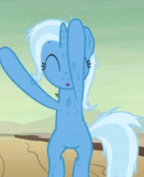 Size: 238x292 | Tagged: safe, screencap, trixie, pony, unicorn, g4, road to friendship, season 8, animated, bipedal, cute, diatrixes, eyes closed, female, gif, hooves in air, mare, open mouth, solo