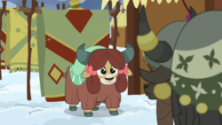 Size: 1920x1080 | Tagged: safe, screencap, yohimbine, yona, yak, g4, uprooted, bow, cloven hooves, female, hair bow, male, palindrome get, rug, smiling, snow, solo focus