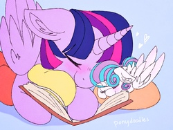 Size: 2048x1536 | Tagged: safe, artist:incendiarymoth, princess flurry heart, twilight sparkle, alicorn, pony, g4, aunt and niece, auntie twilight, baby, baby pony, blushing, book, cute, female, filly, flurrybetes, mare, sleeping, twiabetes, twilight sparkle (alicorn)