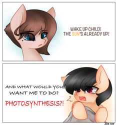 Size: 1500x1600 | Tagged: safe, artist:ark nw, oc, oc only, oc:ashley roy kambell, oc:eirene algelar, pony, black hair, blanket, blue eyes, brown hair, colt, dialogue, duo, exclamation point, female, funny, interrobang, joke, male, mare, mother, mother and son, mothers gonna mother, photosynthesis, question mark, red eyes, son, teary eyes, text