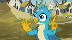 Size: 1920x1080 | Tagged: safe, screencap, gallus, griffon, g4, uprooted, chest fluff, claws, debris, griffonstone, house, male, raised finger, solo
