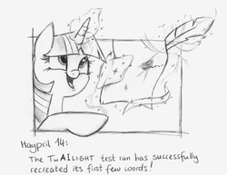 Size: 837x647 | Tagged: safe, twilight sparkle, pony, g4, female, glowing horn, horn, lineart, magic, monochrome, quill, solo, telekinesis, the pony machine learning project, writing