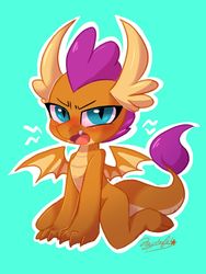 Size: 1200x1600 | Tagged: safe, artist:oofycolorful, smolder, dragon, g4, uprooted, angry, blue background, blushing, cute, dragoness, female, looking at you, open mouth, signature, simple background, smolderbetes, smoldere, solo, tsundere