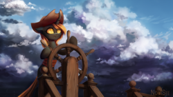 Size: 2090x1176 | Tagged: safe, artist:inowiseei, oc, oc only, changeling, brown changeling, cloud, hat, ship wheel, solo