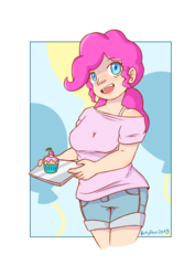 Size: 2480x3507 | Tagged: safe, artist:artyfour, pinkie pie, human, g4, clothes, cupcake, female, food, high res, humanized, looking at you, shirt, shorts, solo
