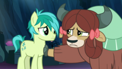 Size: 1920x1080 | Tagged: safe, screencap, sandbar, yona, earth pony, pony, g4, uprooted, cave of harmony, cloven hooves, comforting, cute, duo, female, friends, good intentions gone wrong, horns, looking at each other, male, monkey swings, sandabetes, teenager, upset, yonadorable