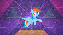 Size: 1192x670 | Tagged: safe, artist:cyanlightning, artist:laszlvfx, edit, rainbow dash, pony, g4, abstract background, female, flying, looking at something, mare, solo, wallpaper, wallpaper edit