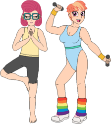 Size: 468x523 | Tagged: safe, artist:wolf, posey shy, windy whistles, human, g4, aerobics, barefoot, breasts, clothes, dumbbell (object), feet, freckles, glasses, humanized, leg warmers, leotard, muscles, pants, shoes, smiling, sneakers, tank top, weights, workout, workout outfit, yoga, yoga pants