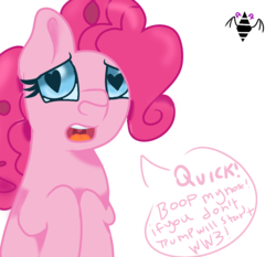 Size: 1024x955 | Tagged: safe, artist:aurumnarts, pinkie pie, earth pony, pony, g4, asking, boop, breaking the fourth wall, donald trump, female, heart eyes, looking at you, pleading, she knows, simple background, solo, speech bubble, trump, white background, wingding eyes, world war iii, worried