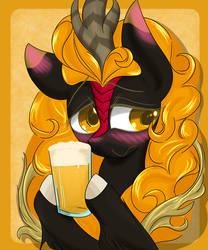 Size: 5000x6000 | Tagged: safe, artist:zemlya, oc, oc only, kirin, abstract background, alcohol, beer, colored hooves, female, kirin beer, kirin oc, looking at you, solo