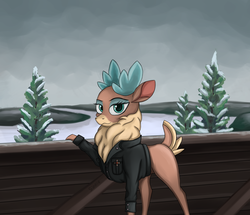 Size: 2500x2150 | Tagged: safe, artist:sinniepony, velvet (tfh), deer, them's fightin' herds, blue eyes, clothes, community related, female, high res, snow, solo, tundra, uniform