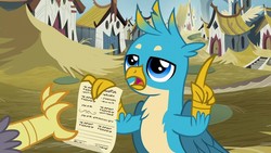 Size: 1280x720 | Tagged: safe, screencap, gallus, grampa gruff, griffon, g4, uprooted, chest fluff, claws, griffonstone, male, permission slip, wings, written equestrian