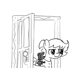 Size: 640x600 | Tagged: safe, artist:ficficponyfic, oc, oc only, oc:ruby rouge, earth pony, pony, colt quest, bag, belt, clothes, cyoa, door, female, filly, foal, knife, monochrome, shirt, solo, story included, tomboy