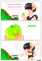 Size: 1500x2175 | Tagged: safe, artist:ark nw, oc, oc only, oc:ashley roy kambell, earth pony, pony, apple, belly button, black hair, clothes, dialogue, food, funny, german, joke, red eyes, simple background, solo, surprised, text, uniform