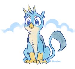 Size: 2048x1871 | Tagged: safe, artist:dawnfire, gallus, griffon, g4, chest fluff, cloud, cute, gallabetes, leg fluff, looking at you, male, neck fluff, simple background, sitting, smiling, solo, white background