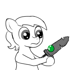 Size: 640x600 | Tagged: safe, artist:ficficponyfic, oc, oc only, oc:larimar, earth pony, pony, colt quest, colt, cyoa, foal, gem, male, monochrome, solo, story included, surprised, sword, weapon
