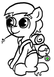 Size: 214x300 | Tagged: safe, artist:ficficponyfic, edit, oc, oc:larimar, earth pony, pony, colt quest, backpack, child, colt, cropped, cute, cyoa, farmer, foal, gem, hay stalk, male, smiling, straw in mouth