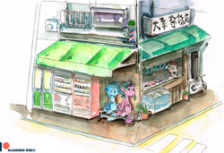 Size: 3437x2346 | Tagged: safe, artist:mashiromiku, starlight glimmer, trixie, pony, g4, bench, building, easter, easter egg, high res, holiday, japanese, patreon, patreon logo, shop, sitting, traditional art, vending machine, watercolor painting