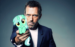 Size: 1920x1200 | Tagged: safe, artist:lagmanor, lyra heartstrings, human, pony, unicorn, g4, clothes, cute, female, gregory house, holding a pony, house m.d., hugh laurie, jacket, looking at you, male, mare, meme, pony in hand, simple background, smiling, tiny, tiny ponies