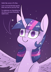 Size: 2480x3508 | Tagged: safe, artist:underpable, twilight sparkle, alicorn, pony, g4, uprooted, curved horn, dialogue, empty eyes, female, high res, horn, nightmare, smiling, solo, tree, treelight sparkle, twilight sparkle (alicorn)