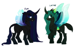 Size: 1589x993 | Tagged: safe, artist:unoriginai, oc, oc:princess larvae, oc:princess pupa, changedling, changeling, changeling queen, hybrid, blue changeling, changeling oc, changeling queen oc, duo, fangs, female, half-siblings, interspecies offspring, lidded eyes, lineless, next generation, offspring, parent:queen chrysalis, parent:shining armor, parent:thorax, parents:chrysarax, parents:shining chrysalis, simple background, story included, transparent background